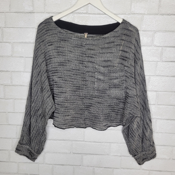 Free People Sweaters - Free People Gray Black Oversized Scoop Neck Cropped Knit Sweater Top